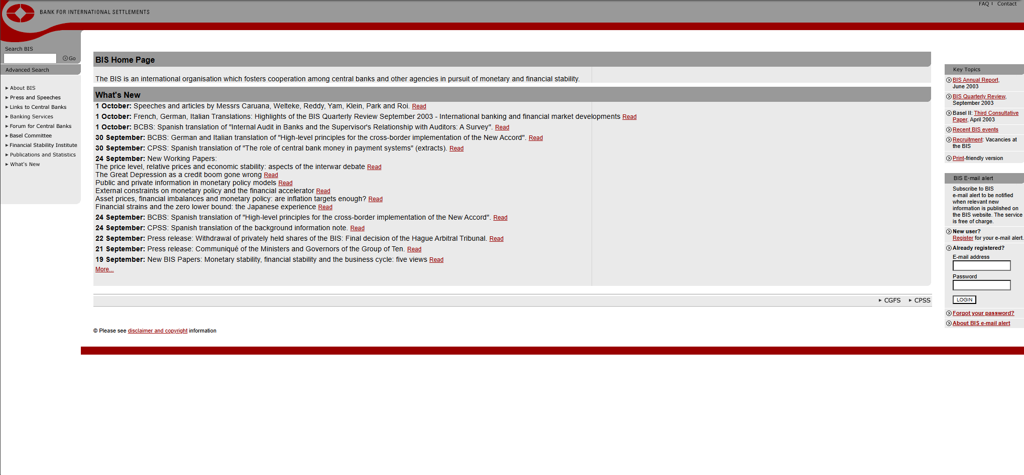 The BIS website home page from 2003