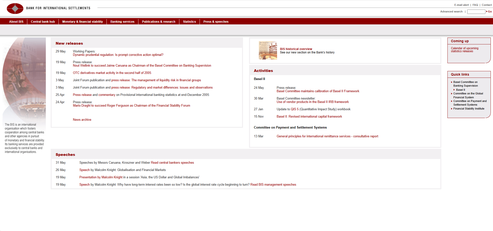 The BIS website home page from 2006