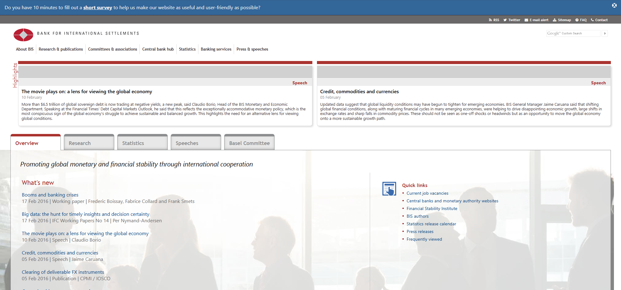 The BIS website home page from 2016