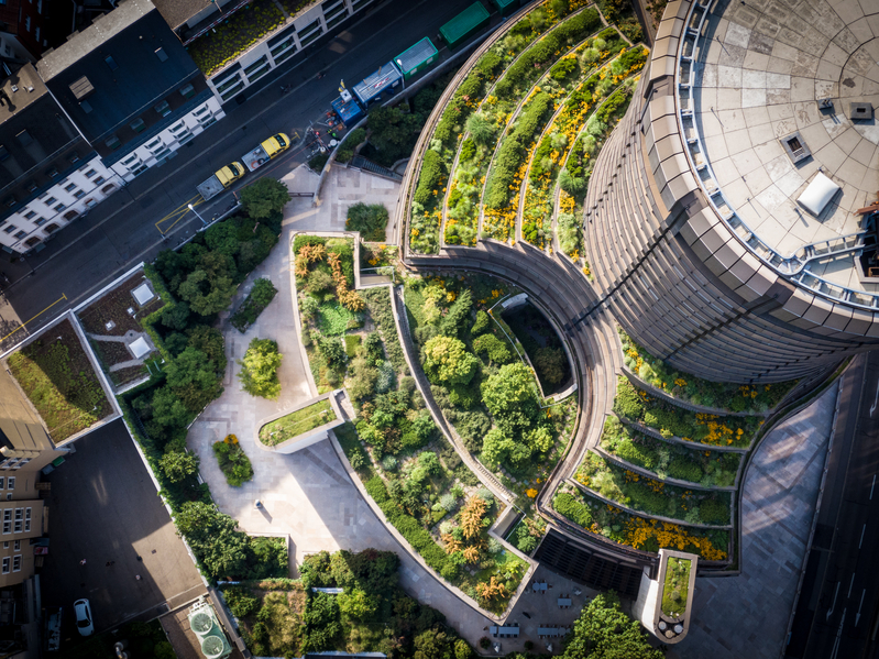 Aerial view of green gardens on Basel Tower floors