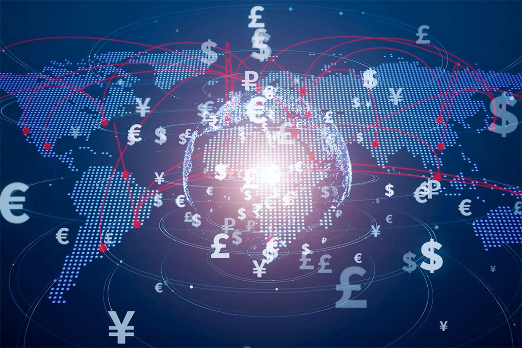 Globe overlayed on a map surrounded by currency symbols