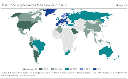 Dollar zone in green larger than euro zone in blue