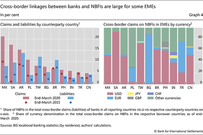 Cross-border linkages between banks and NBFIs are large for some EMEs