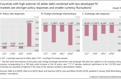 Countries with high external US dollar debt combined with less developed FX markets see stronger policy responses and smaller currency fluctuations