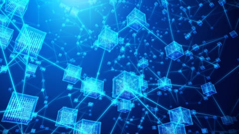 Blockchain concept of a transparent cube with encryption data code and network.