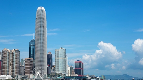 External view of the Two International Finance Centre building against the Hong Kong skyline