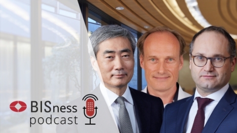 Huyn Song Shin, Goetz von Peter and Andreas Schrimpf with BISness podcast branding