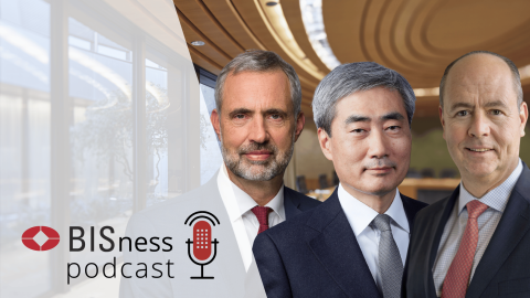 Frank Smets, Hyun Song Shin and Gaston Gelos with BISness podcast branding