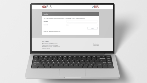 Opened laptop displaying the eBIS website onscreen