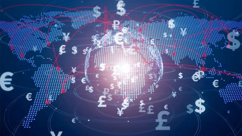 Globe overlayed on a map surrounded by currency symbols